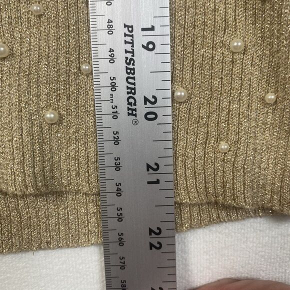 Cache Gold Metallic Pearl Embellished Mock Neck Sweater M Back Zip Beaded Knit - Picture 10 of 11